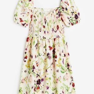 H&M White Multi Floral Puff-Sleeve Smocked Dress